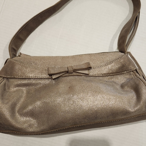 Sondra Roberts Bronze Metallic Bow detail purse Suede Fringe Thick strap - Picture 3 of 8